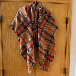 Grace & Lace Plaid Fringe Cape Shawl in Orange and Red